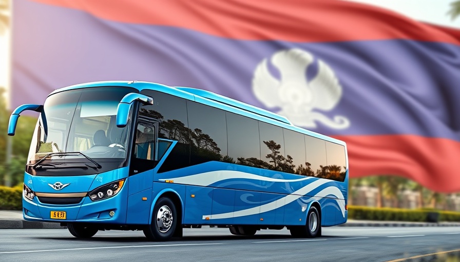 Khon Kaen-Vientiane bus in front of Laotian flag.