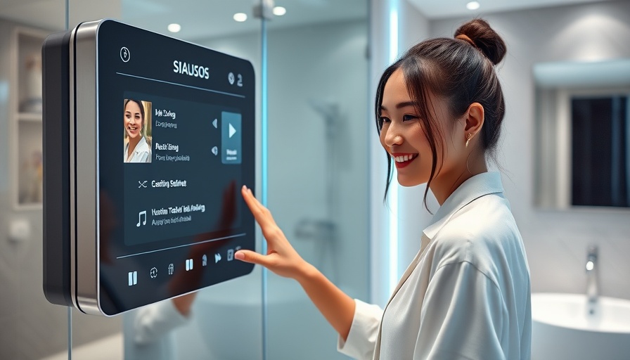 Young woman interacting with digital mirror interface in smart hotel room.
