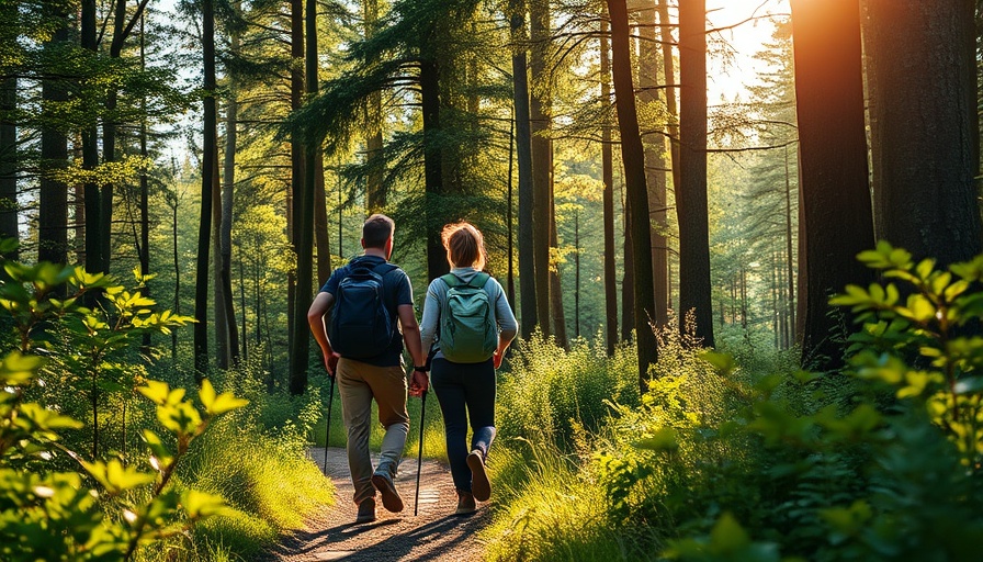 Two hikers in a lush forest, America’s Greenest States Struggle with Mental Health.