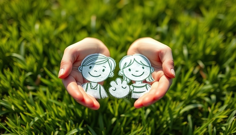 Protective hands holding child drawing on grass for World Cup issue.