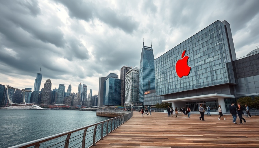 Futuristic cityscape with Apple logo, waterfront, Apple Podcasts ad-free shows.