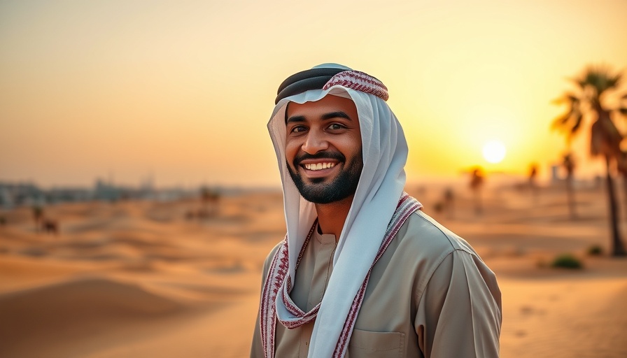 Man in traditional attire in desert, sunset backdrop.