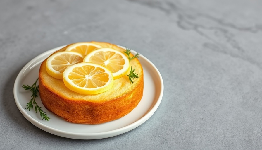 Lemon cake with slices and herbs on a plate, showcasing sustainable baking.