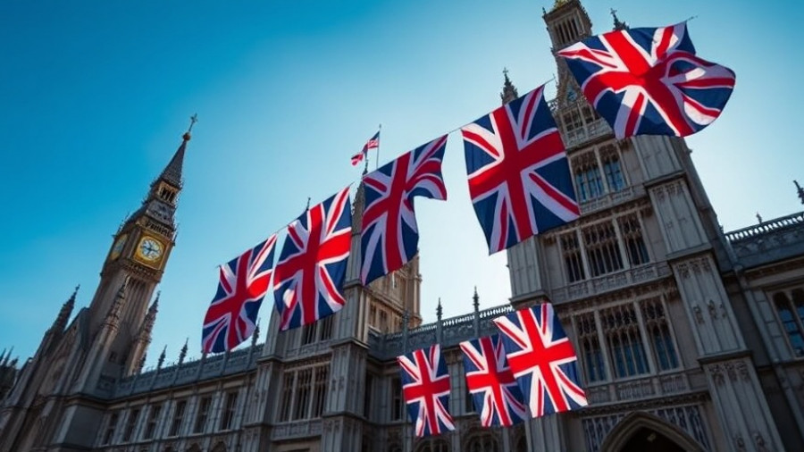 UK podcasting industry recognition with Union Jack flags on a grand building.