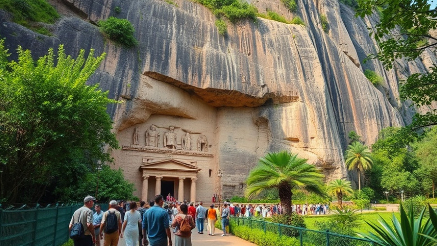 Battambang bat caves tourism site with cliff carvings and visitors.