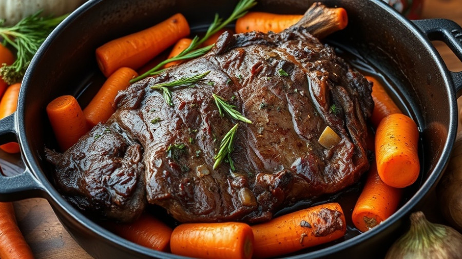 Braised Organic Beef Shoulder with carrots in skillet