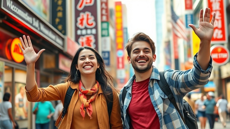 Happy tourists in vibrant city street showcasing China tourism recovery.