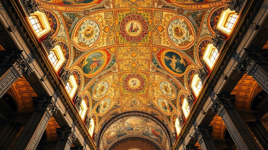 Ornate mosaic ceiling in Ravenna, showcasing historic architectural beauty.
