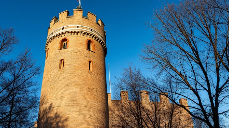 Exploring Cento, historic brick tower with blue sky.