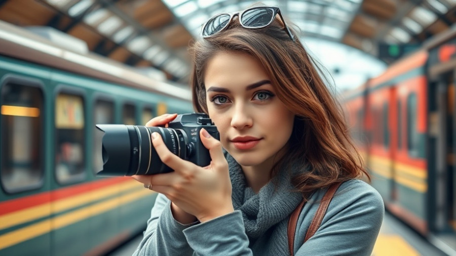 Tourist capturing moments at a train station in the Mekong, highlighting sustainable rail tourism.