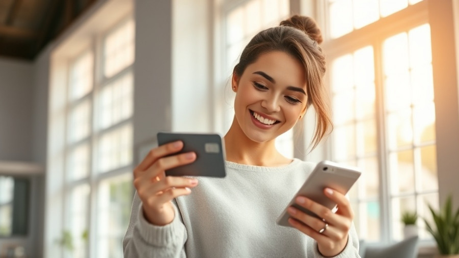 Smiling woman simplifies online podcast advertising.