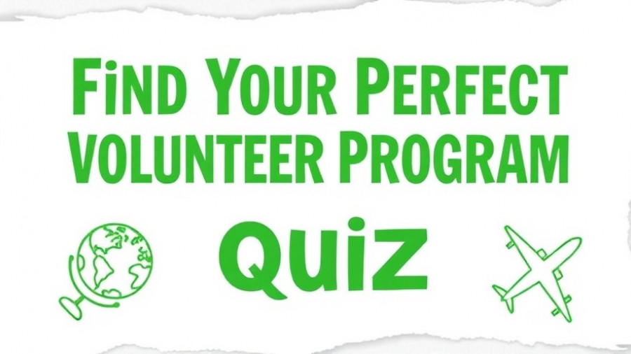 Volunteer opportunities abroad quiz promotional graphic with travel symbols.