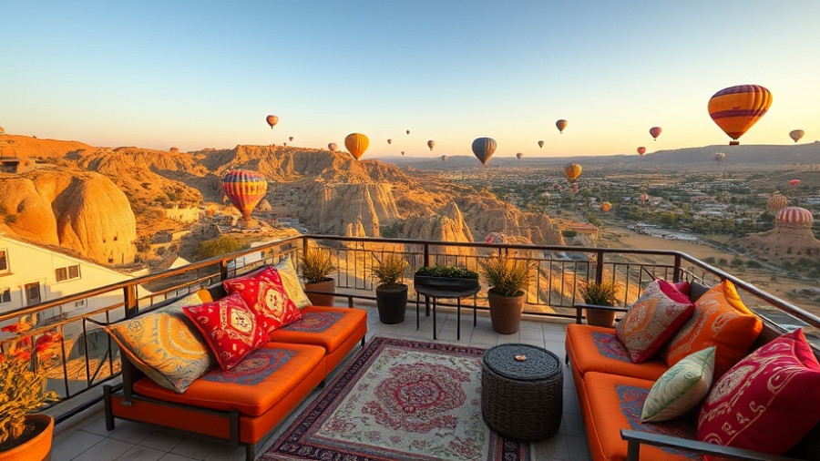 Cappadocia cave hotels terrace with Turkish decor and hot air balloons.