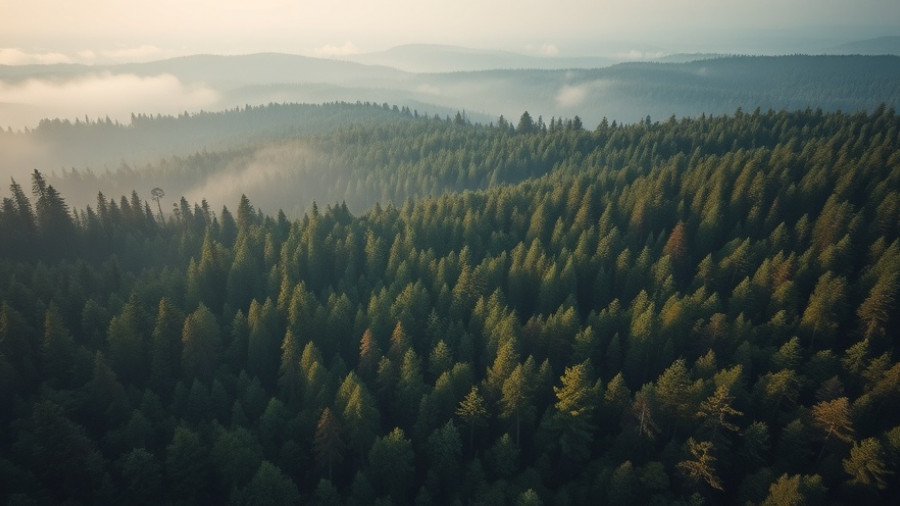 AI for Climate: Misty forest landscape with powerful text overlay.