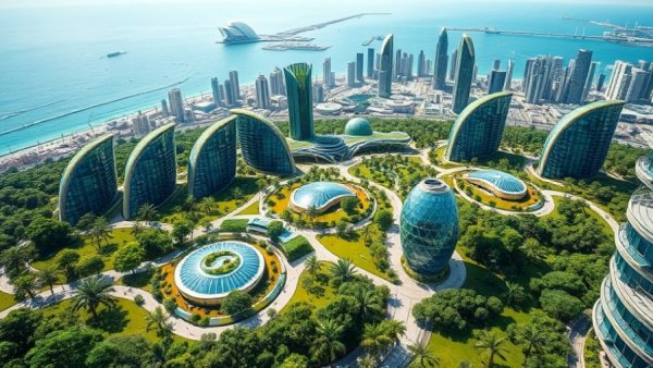 Futuristic urban park showcasing sustainable urban innovation by the ocean.