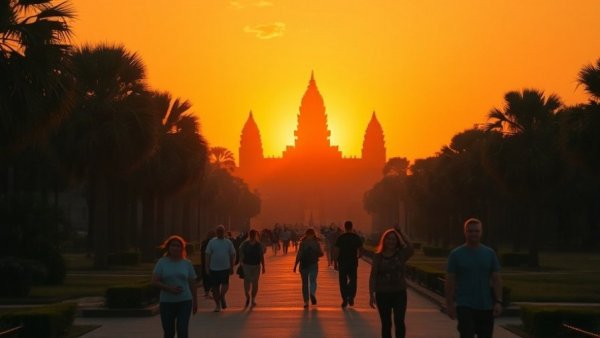 Tourists approaching Angkor Wat at sunrise for Cambodia tourism partnership with BBC.
