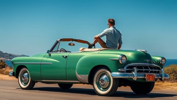 Vintage green car with people enjoying a sunny day in Cuba.