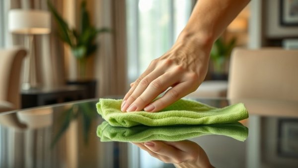 Sustainable hotel cleaning practices: using microfiber cloth for eco-friendly cleaning.