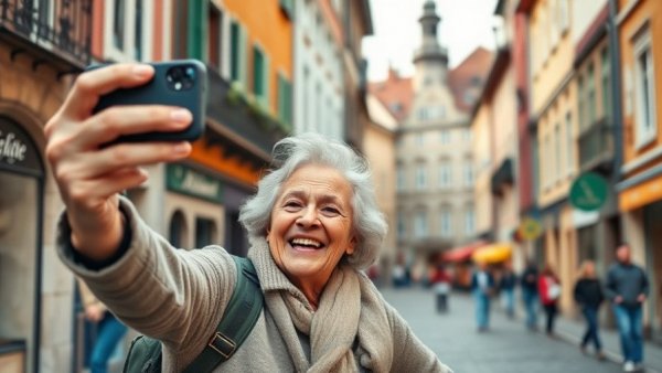 Joyful older couple taking selfie on colorful European street, highlighting travel spending of older tourists.