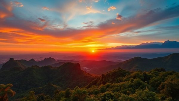Breathtaking sunset over Thai mountains and lush greenery, promoting Thailand community-first sustainable travel.