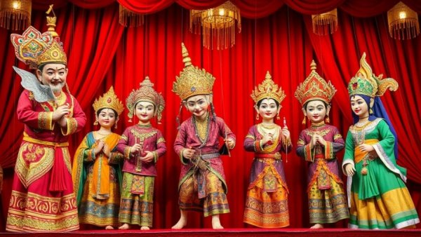 Traditional Myanmar puppet show with colorful marionettes