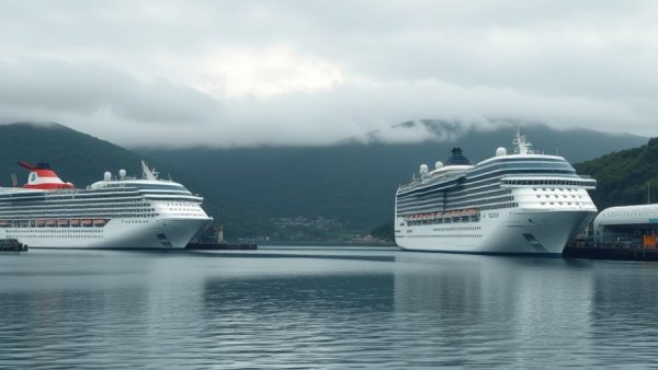 Icelandic harbor with cruise ships under cloudy skies reflecting cruise industry decline.
