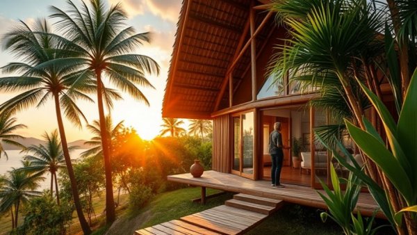 Bamboo eco-lodge surrounded by palm trees and greenery at sunrise.
