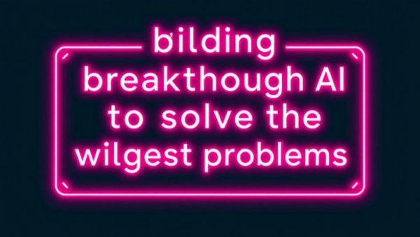 Neon text about AI solving problems, dark teal background.