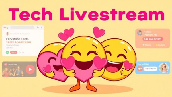 Cartoon emoji promoting AI livestream with heart and pink smileys.