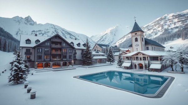 Sustainable Christmas travel destination with snowy alpine resort.