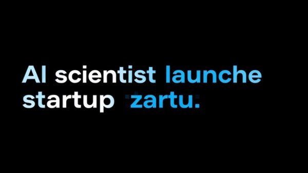 AI scientist startup announcement text on black background.