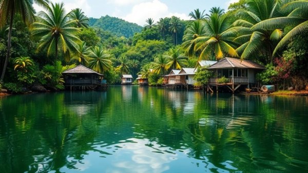 Tropical island river with lush greenery, perfect for cycling exploration.