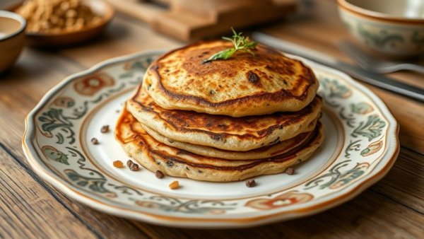 Quinoa Pancakes from Peru on decorative plate with garnish.