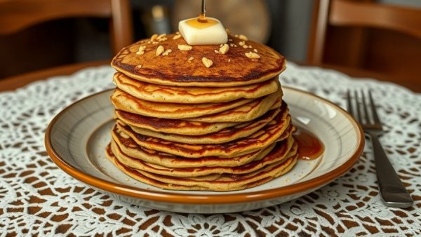 Quinoa pancakes recipe on a rustic plate with syrup.