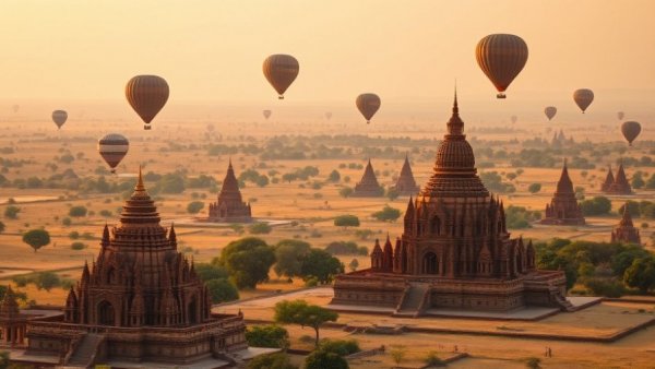 Sustainable tourism in Myanmar: Bagan temples at sunrise with balloons.