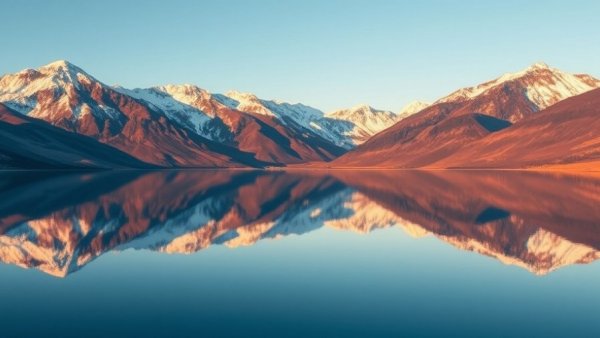 Panoramic view of Yunnan mountains reflecting in a lake at sunrise.