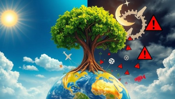 Sustainable travel opportunities and threats illustrated with a tree and globe.