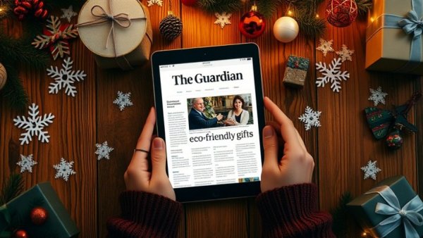 Festive holiday table with tablet showing eco-gift article.