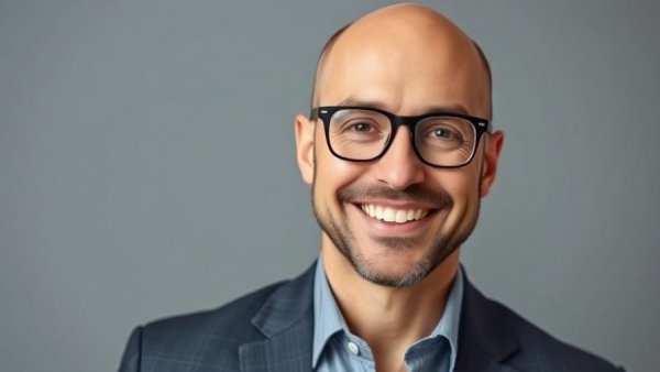 Professional portrait of smiling bald man for podcast media networking