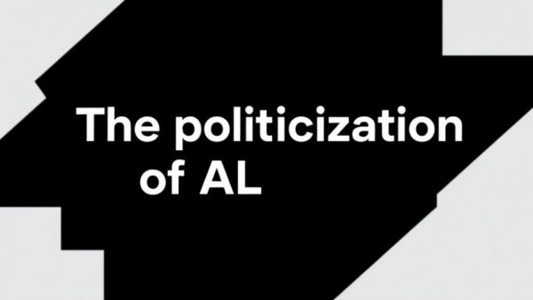 Bold headline image on AI political issues with dark background.