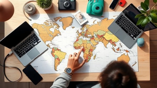 Travel planning on a map with camera and laptop setup.