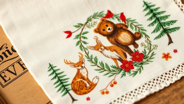 Decorative cloth napkin with festive forest animals, ideal for home gifts.