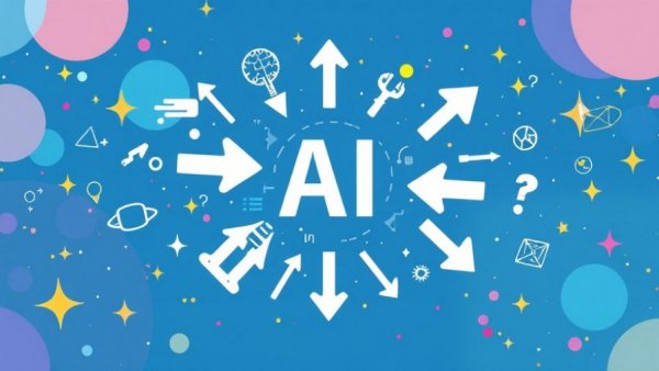 Abstract illustration of AI learning platform with arrows and symbols.