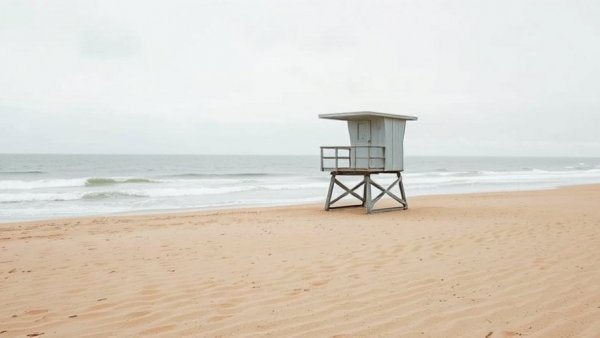 Lifeguard tower on North Carolina beach under overcast sky.