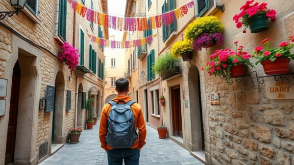 Charming Italian street with traveler enjoying historic houses.