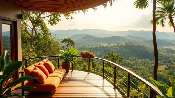 Sunlit terrace in Thai eco lodge overlooking lush forest.