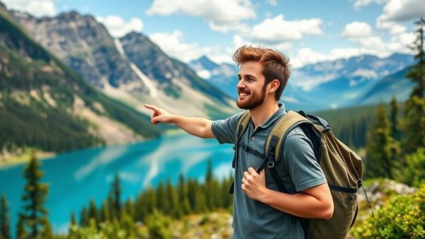 Traveler in Russia near bear and mountain, representing visa-free travel.