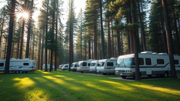 RVs in a serene Texas state park for camping, sunlight through trees.