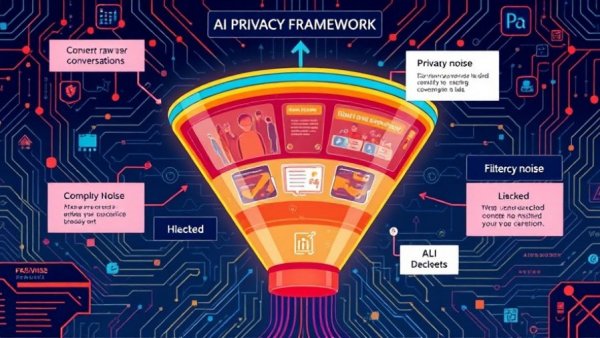 Illustration of AI privacy framework filtering data.
