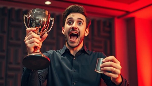 Excited individual celebrates NYC Podcast Awards with unique trophy.